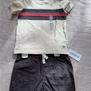 Carter's Baby Tee & Shorts Set - Cream, Charcoal & Red Stripe 18 month